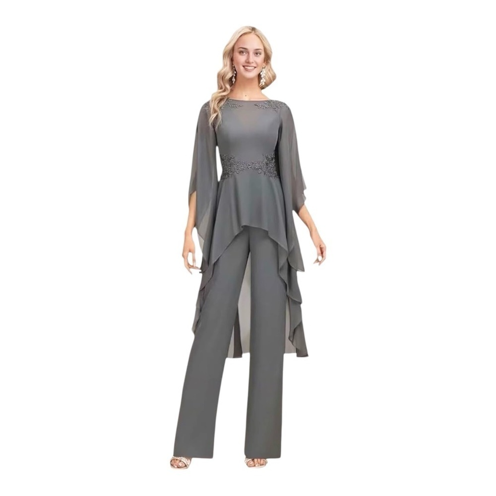 Light Grey Flutter Sleeves Jumpsuit Pants suit Romper with lace appliqué NWT